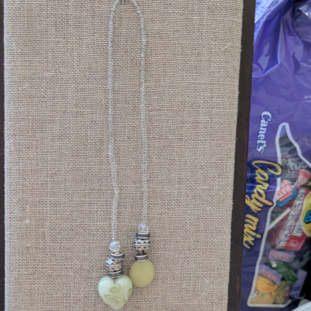 Silver Chain Book Mark with Green Heart and Bead Drops